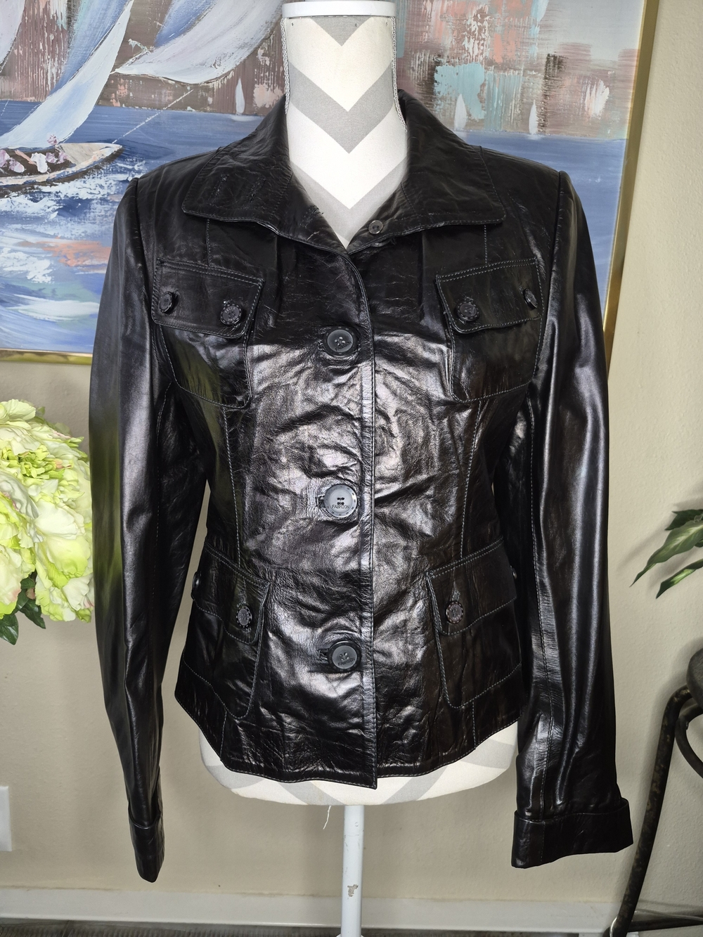 Roma Black Shiny Leather Button-Front Jacket